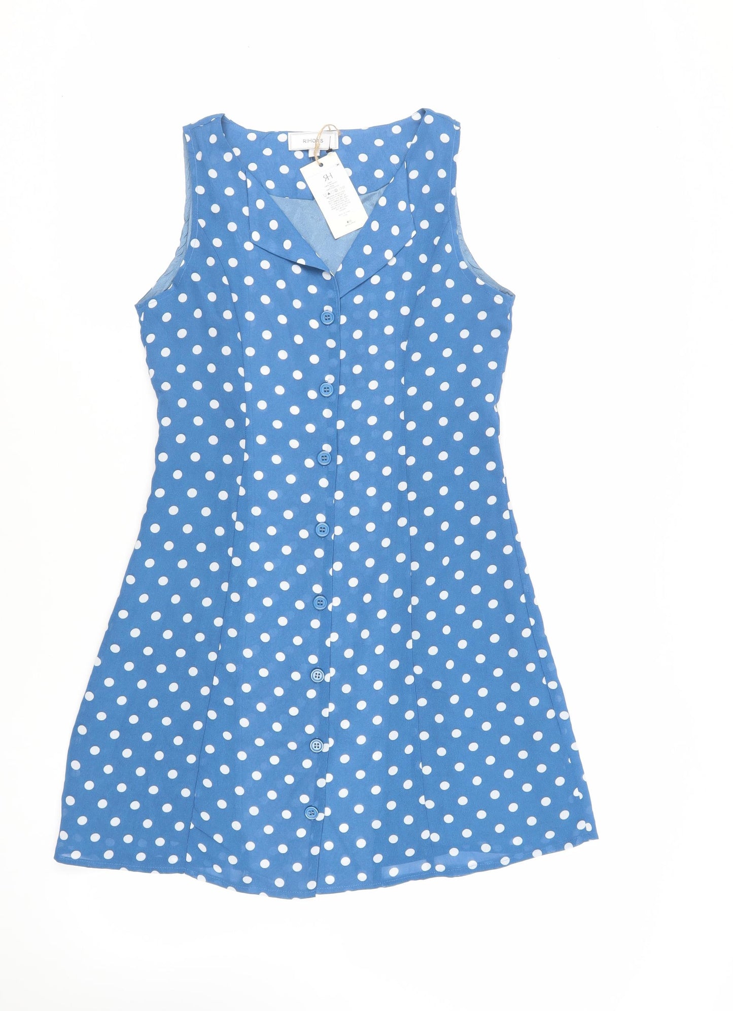 Rihoas Womens Blue Polka Dot Polyester A-Line Size S V-Neck Button