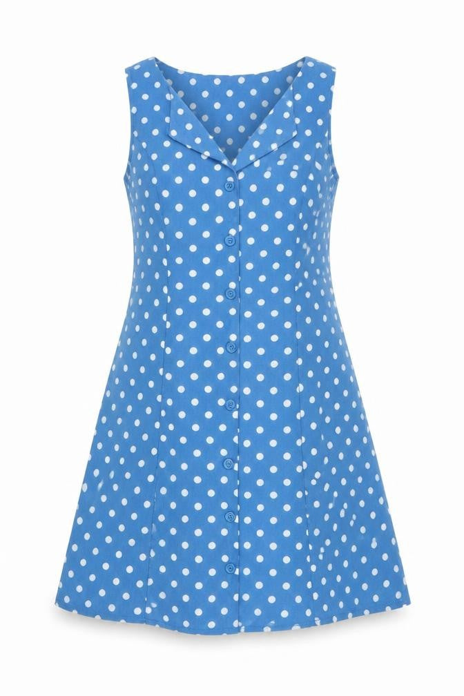 Front view of Rihoas women’s blue polka dot polyester a-line, size S, v-neck button