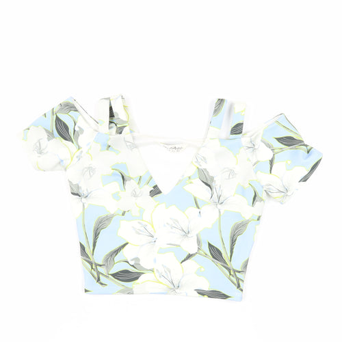 Miss Selfridge Womens Blue Floral Polyester Cropped Blouse Size 6 V-Neck