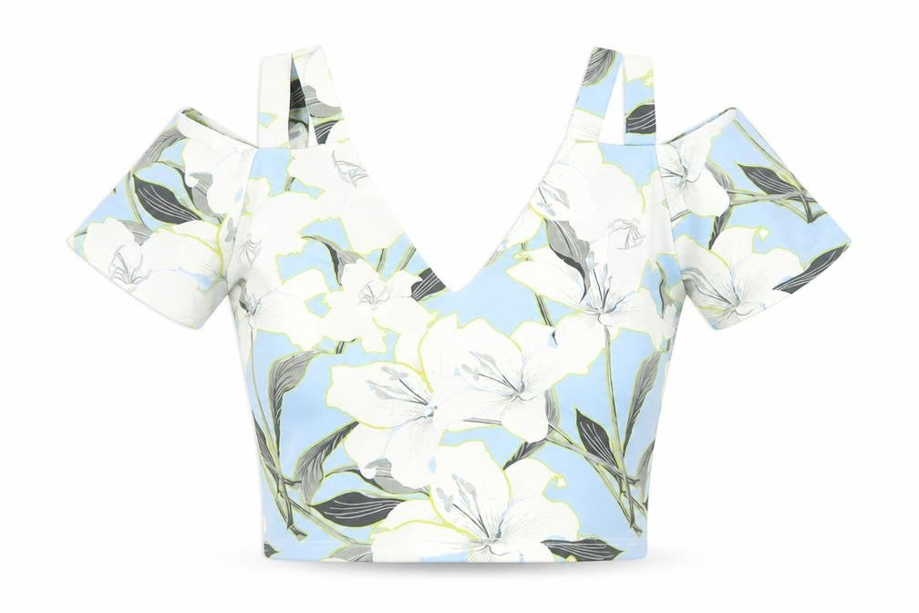 Miss Selfridge Womens Blue Floral Polyester Cropped Blouse Size 6 V-Neck