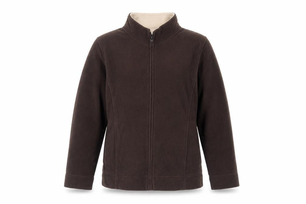 Front view of EWM women’s brown jacket, size M, zip