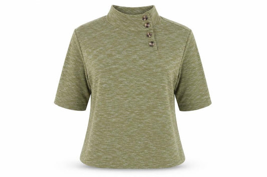 Front view of Rain women’s green polyester pullover sweatshirt, size M, button