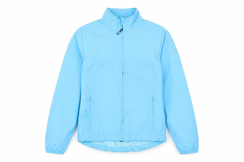 Front view of VAUDE women’s blue jacket, size UK 10, zip - logo outdoors lightweight zipped pockets