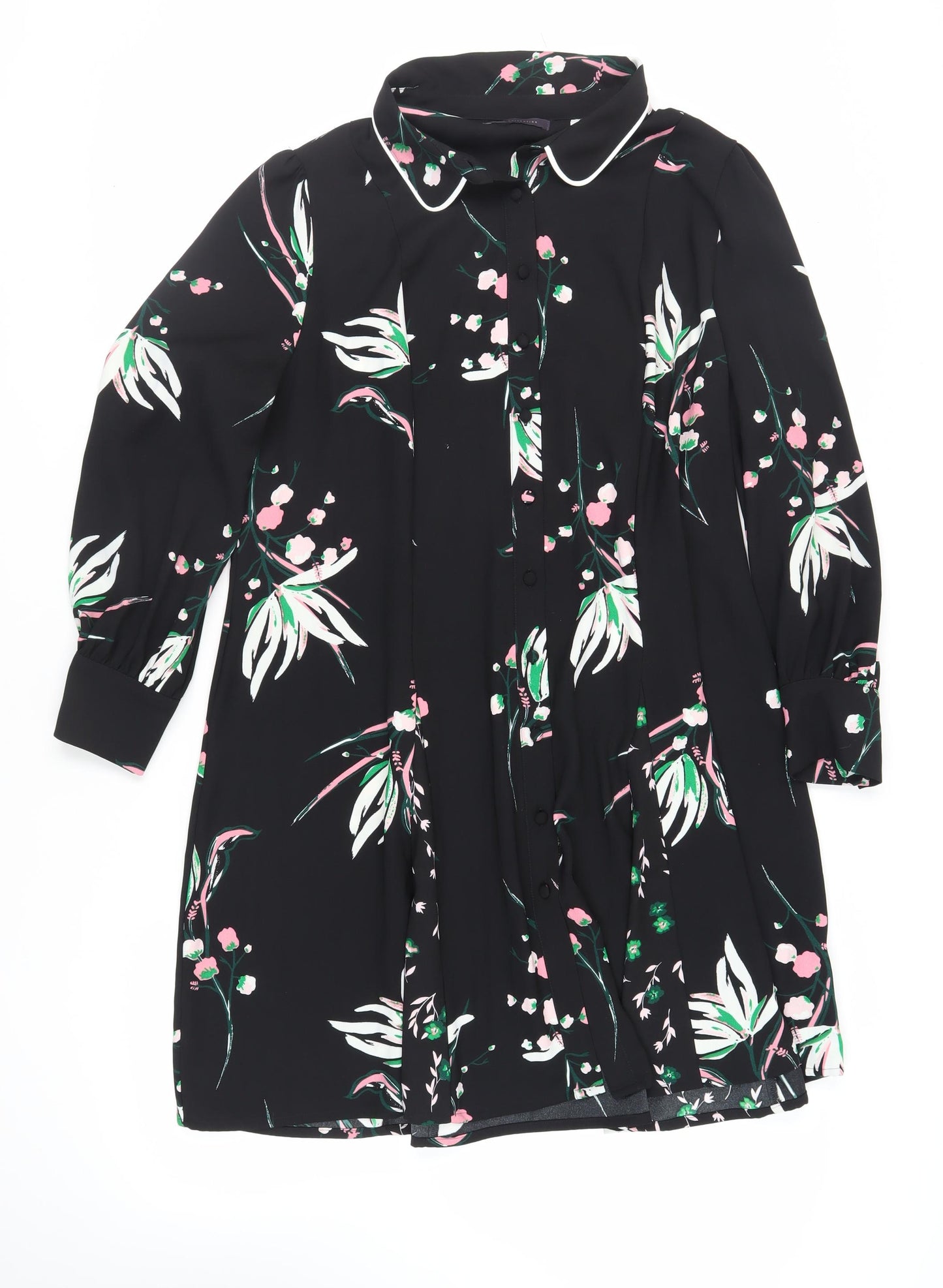 Marks and Spencer Womens Black Floral Polyester Shirt Dress Size 20 Collared Button