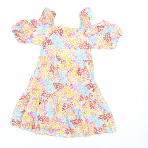 NEXT Girls Multicoloured Floral Cotton Fit & Flare Size 8 Years Square Neck - Ruffle