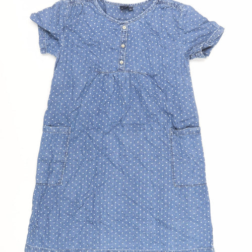 Gap Girls Blue Polka Dot Cotton A-Line Size 13 Years Round Neck Button - Pockets