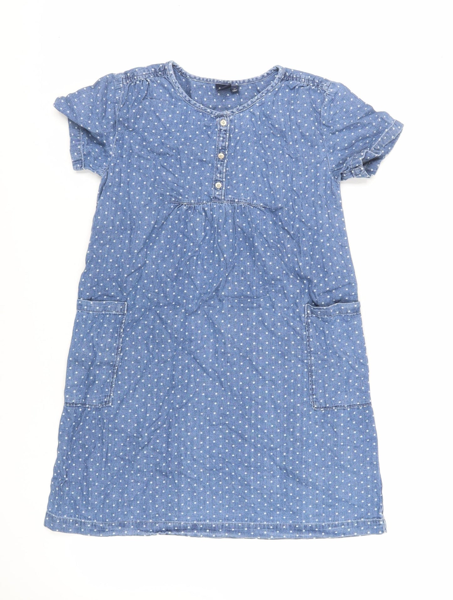 Gap Girls Blue Polka Dot Cotton A-Line Size 13 Years Round Neck Button - Pockets