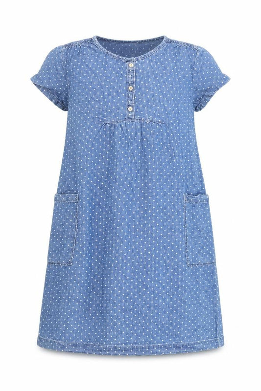 Front view of Gap girls’ blue polka dot cotton a-line, size 13, years round neck button - pockets