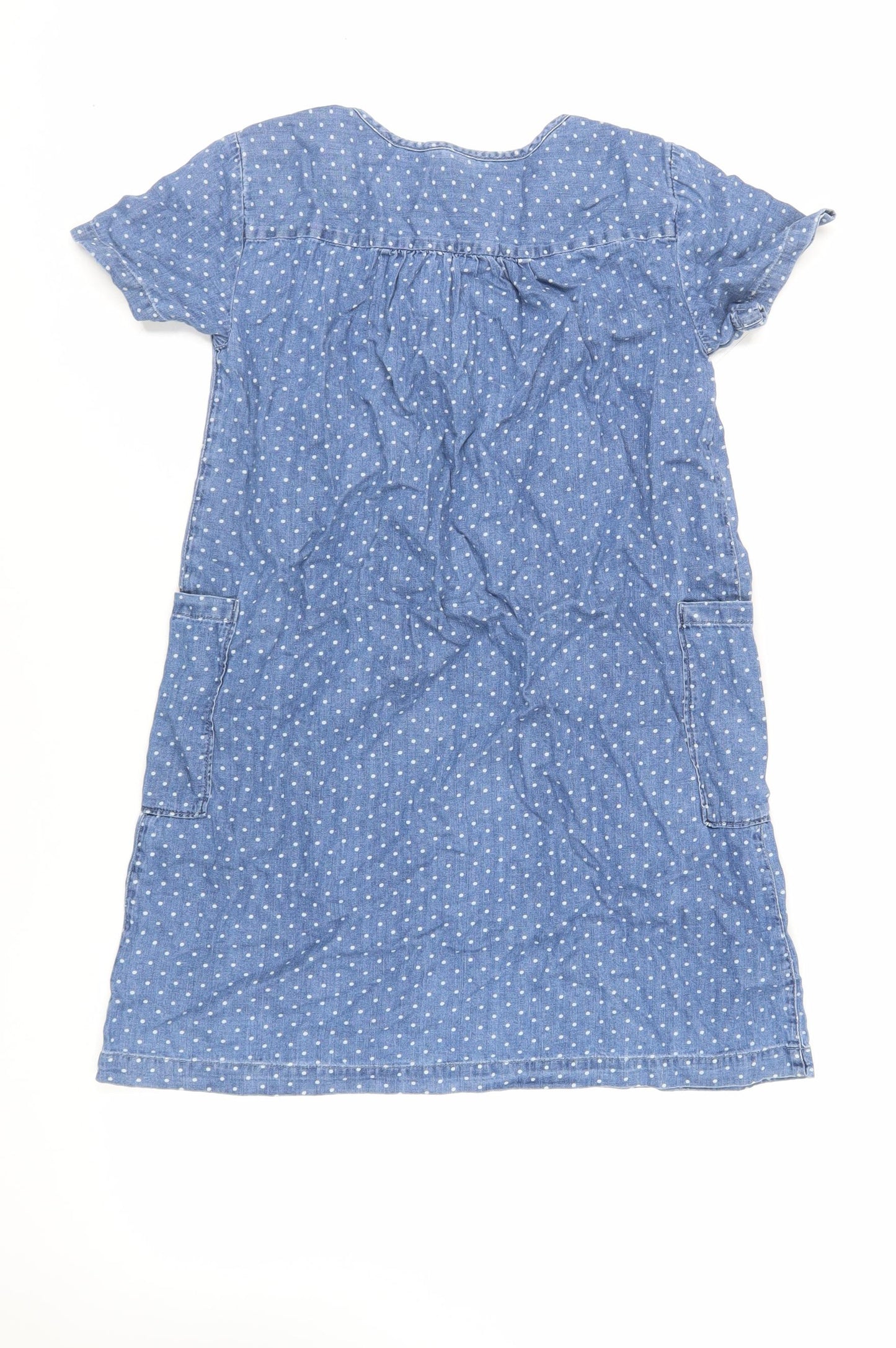 Gap Girls Blue Polka Dot Cotton A-Line Size 13 Years Round Neck Button - Pockets