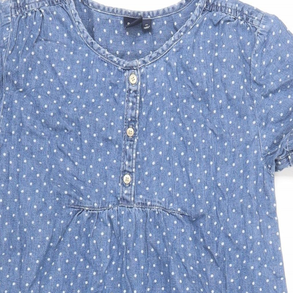 Gap Girls Blue Polka Dot Cotton A-Line Size 13 Years Round Neck Button - Pockets