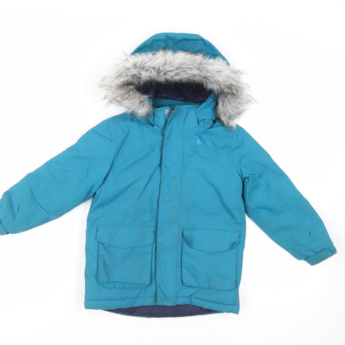 Mountain Warehouse Girls Green Windbreaker Jacket Size 5-6 Years Zip - Waterproof Hooded Faux Fur Trim