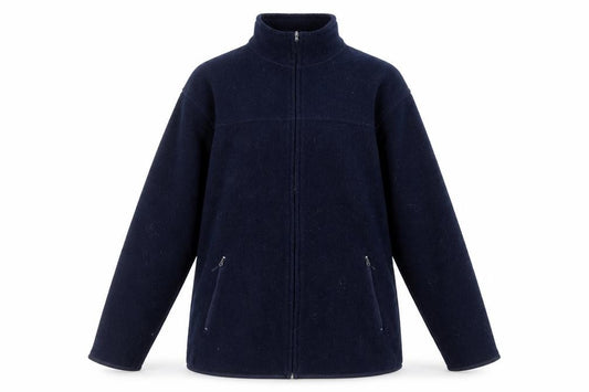 Front view of EWM women’s blue jacket, size S, zip - zipped pockets