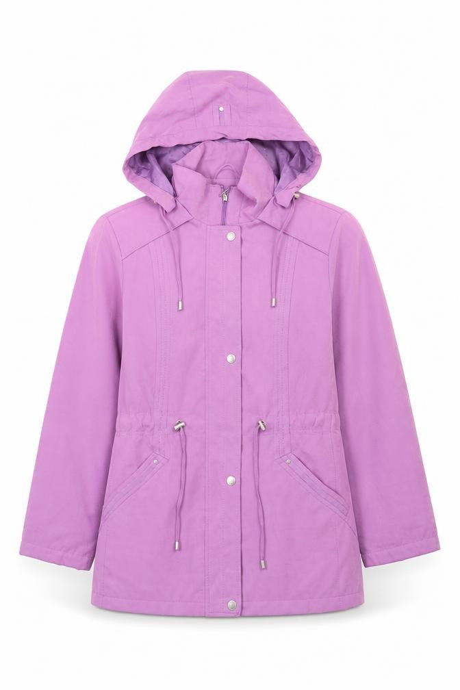 Front view of Bonmarché women’s purple jacket, size M, zip - hooded