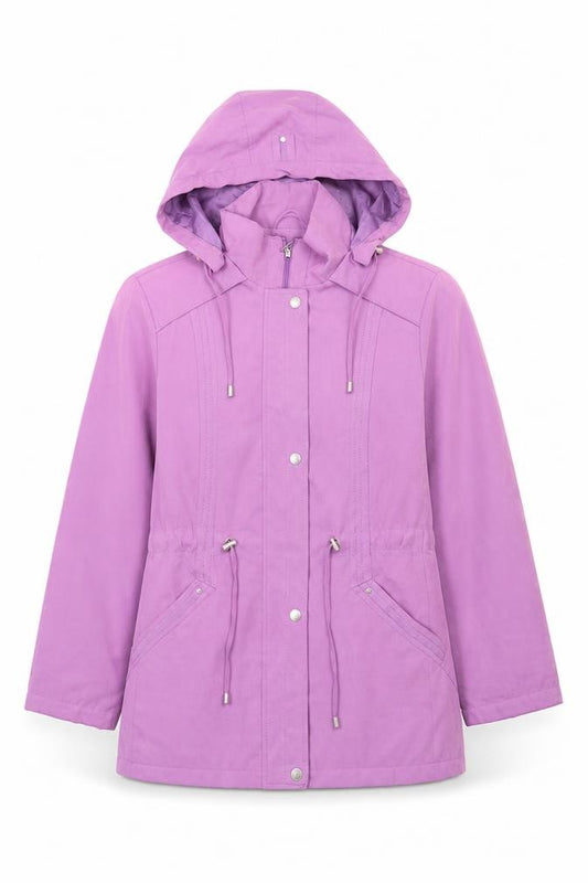 Front view of Bonmarché women’s purple jacket, size M, zip - hooded