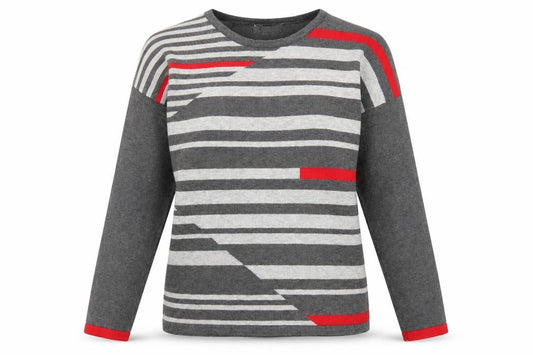 Front view of Alexara women’s grey crew neck striped viscose jumper, size M
