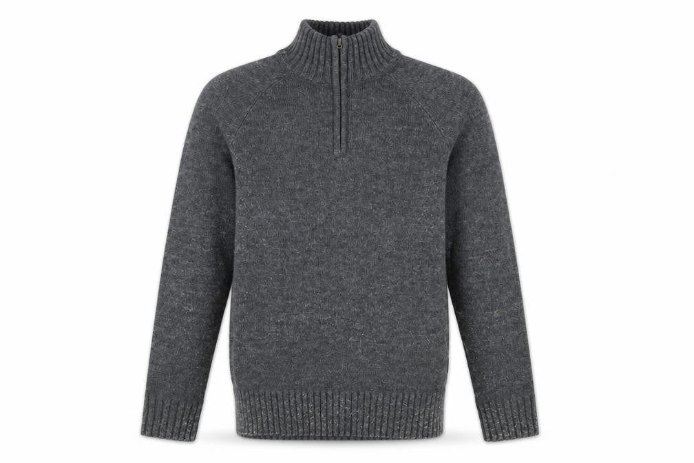 Front view of HOWICK men’s grey high neck wool jumper, size S, long sleeve