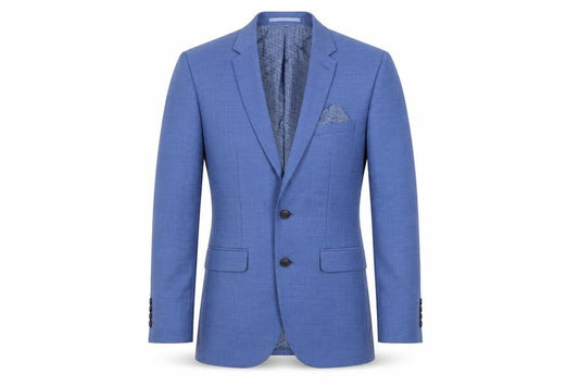 Front view of Burton men’s blue polyester jacket suit jacket, size 36, regular