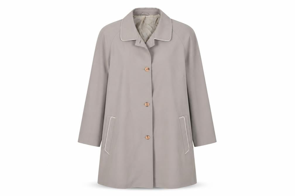 Front view of Ronald Skermer women’s beige overcoat coat, size L, button - vintage lightweight