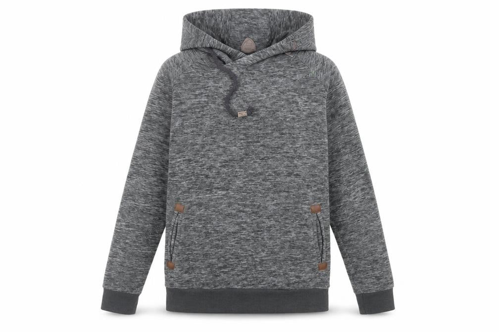 Front view of Sublevel women’s grey polyester pullover hoodie, size L, pullover