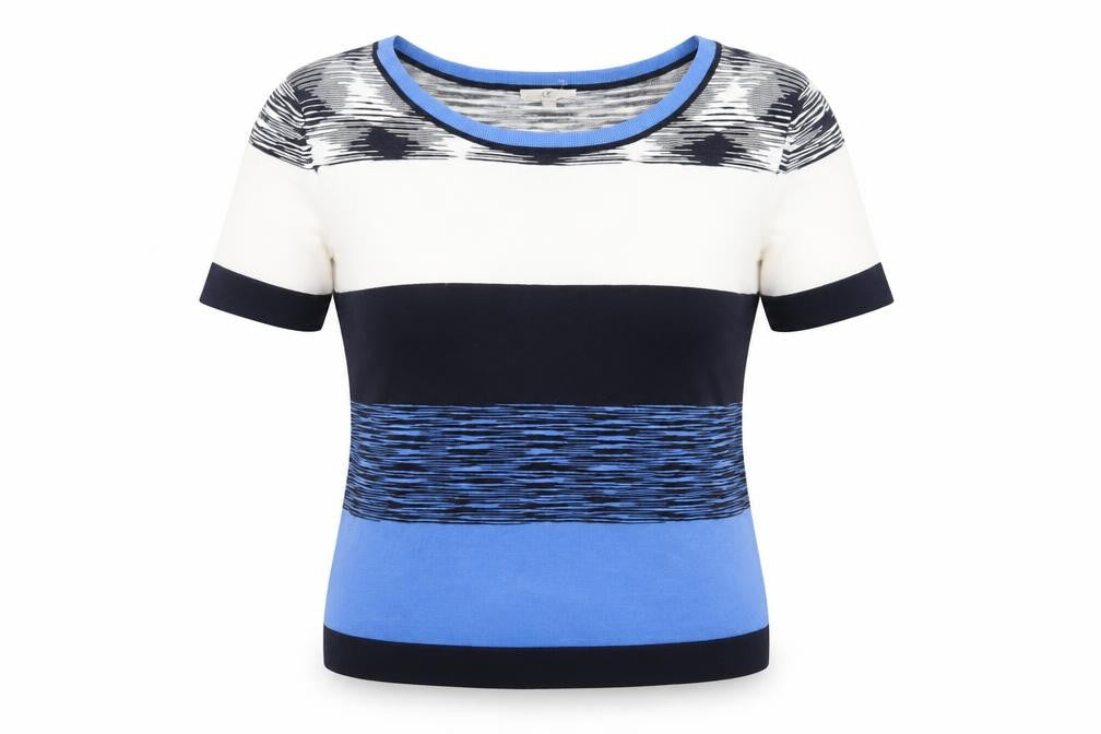 Front view of Country Casuals women’s blue round neck striped viscose jumper, size L