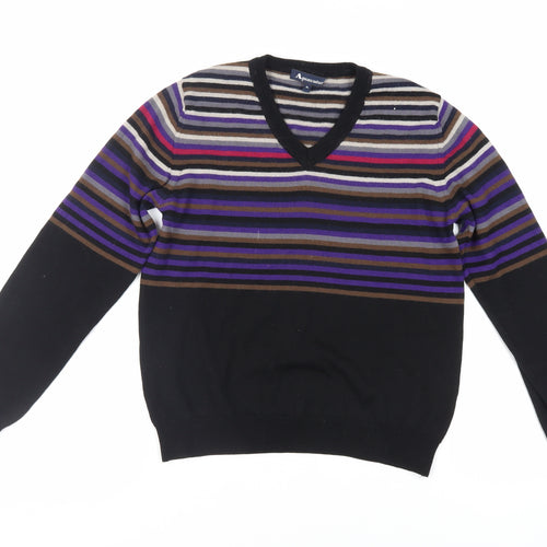 Aquascutum Womens Black V-Neck Striped Wool Pullover Jumper Size XL