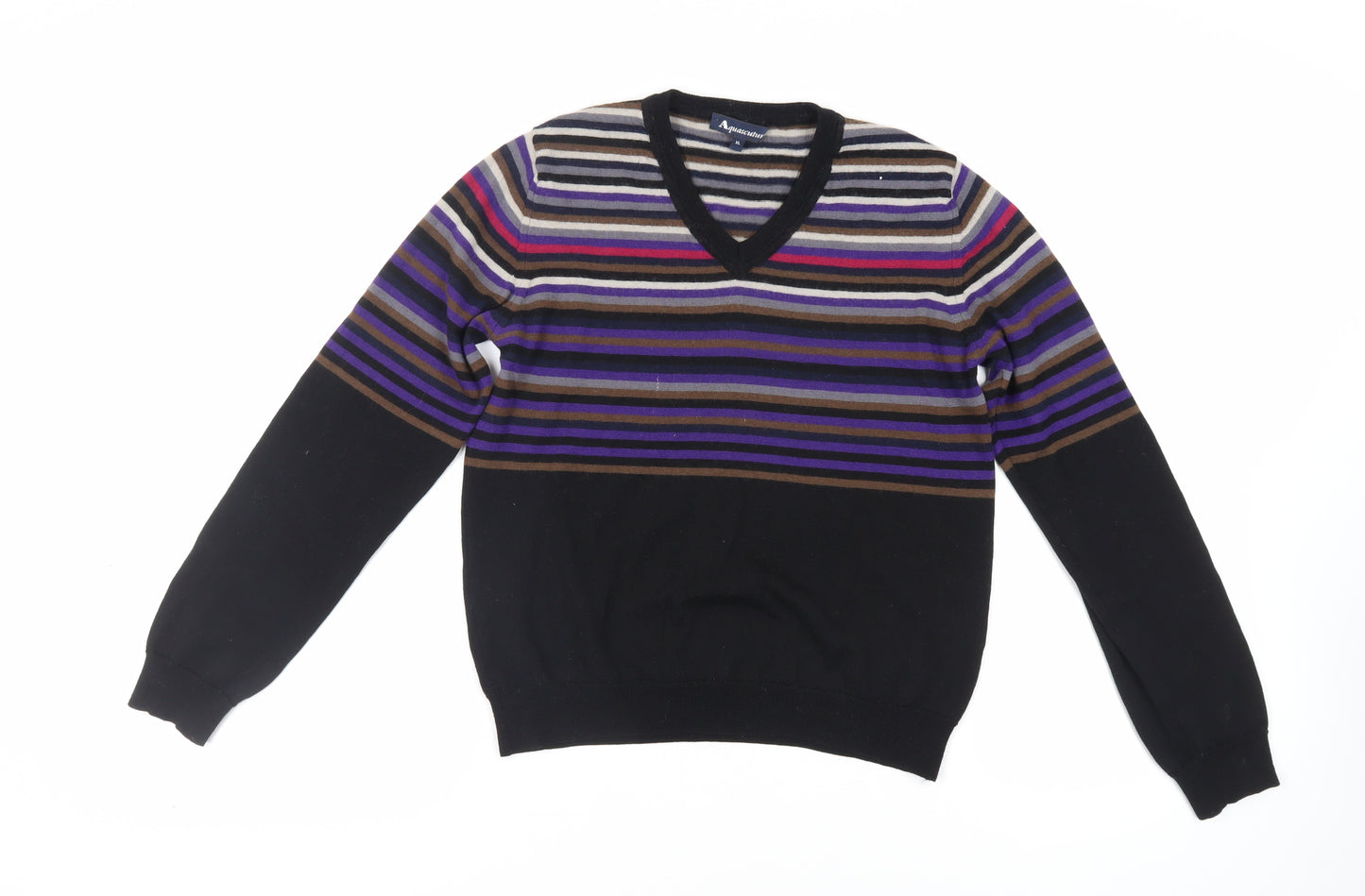 Aquascutum Womens Black V-Neck Striped Wool Pullover Jumper Size XL