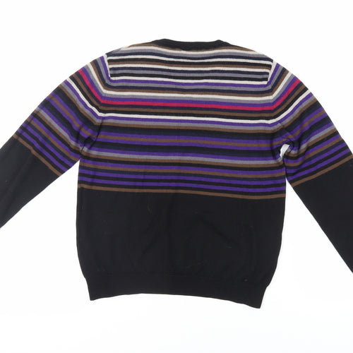 Aquascutum Womens Black V-Neck Striped Wool Pullover Jumper Size XL