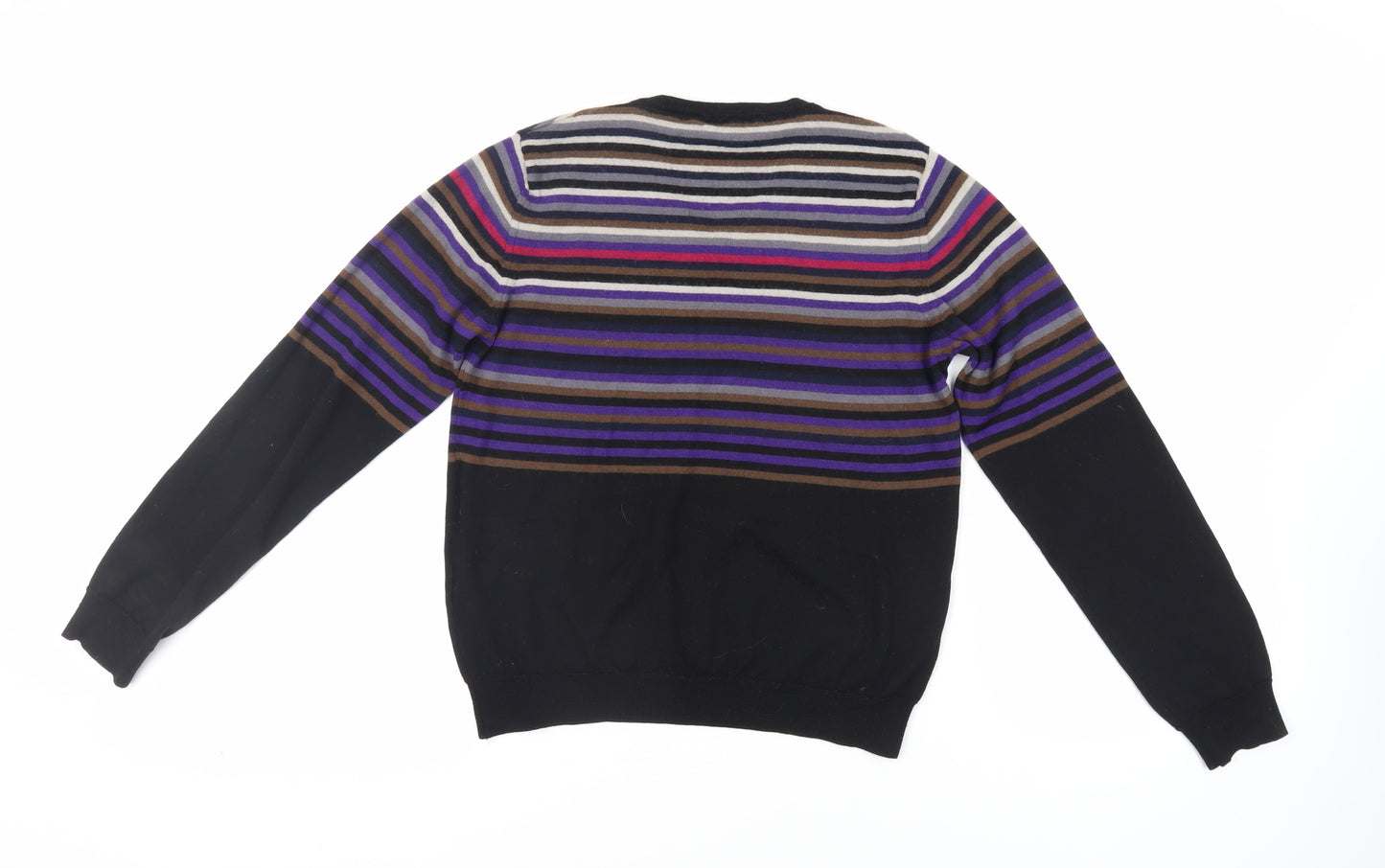 Aquascutum Womens Black V-Neck Striped Wool Pullover Jumper Size XL