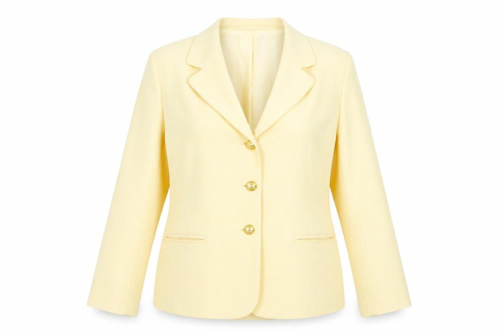 Front view of Lampert women’s yellow jacket blazer, size UK 12, button