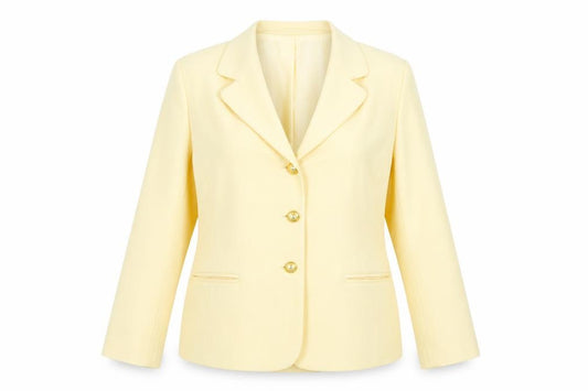 Front view of Lampert women’s yellow jacket blazer, size UK 12, button