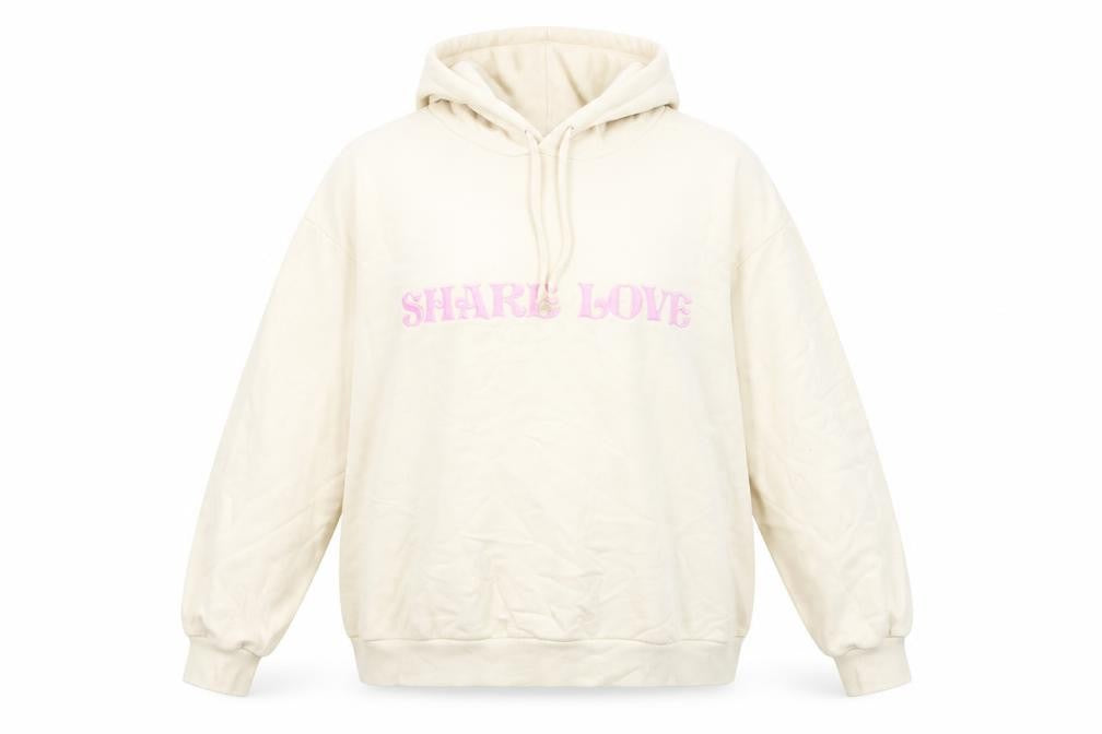 Front view of Monki women’s ivory cotton pullover hoodie, size L, pullover - share love