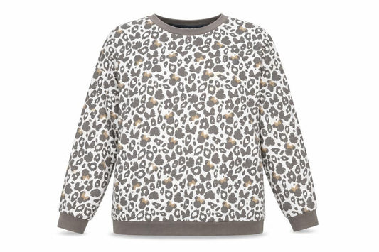 Front view of Minnie Mouse women’s white geometric cotton pullover sweatshirt, size XL, pullover - minnie mouse animal print