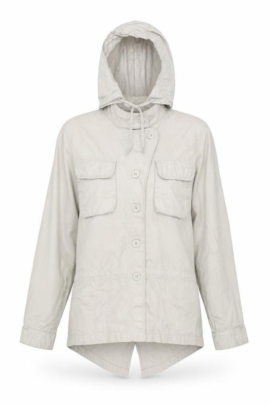 Front view of Gap women’s beige jacket coat, size M, zip