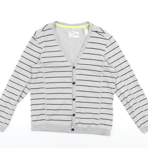 Enorgie Womens Grey V-Neck Striped Cotton Cardigan Jumper Size M