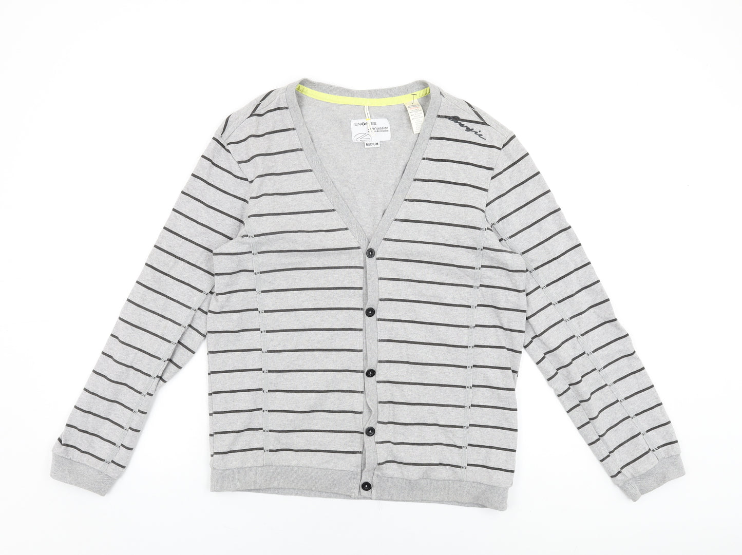 Enorgie Womens Grey V-Neck Striped Cotton Cardigan Jumper Size M