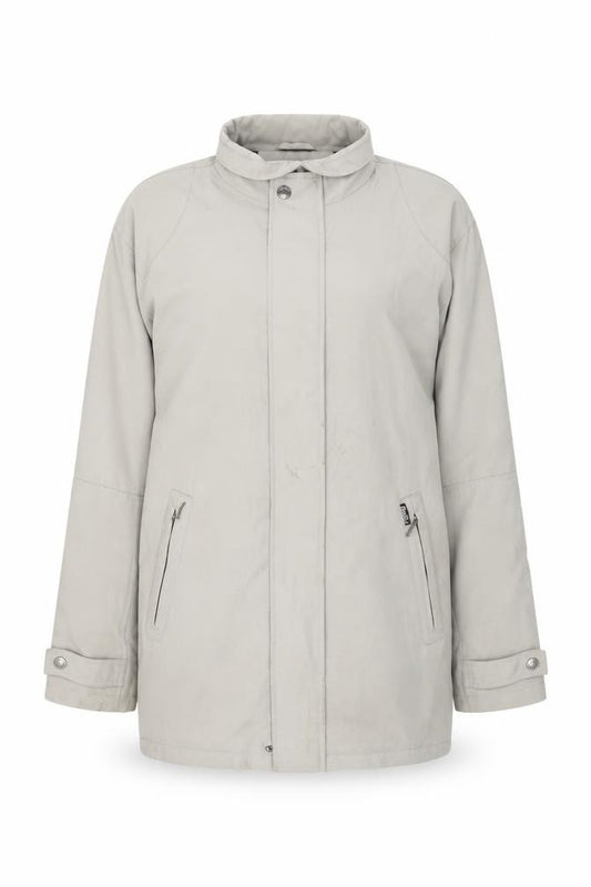 Front view of Douglas women’s beige overcoat coat, size UK 14, zip