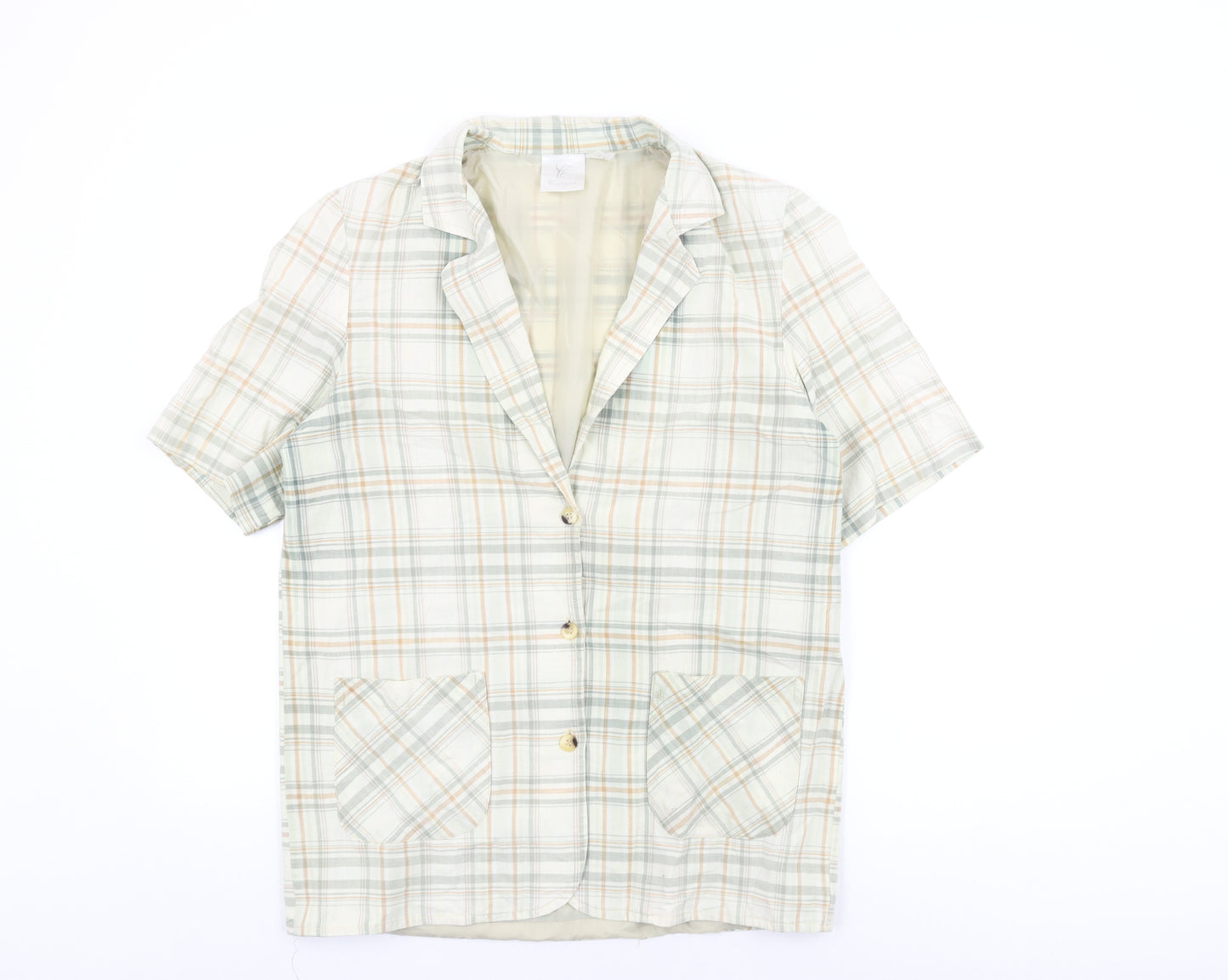 Compliments Womens White Plaid Cotton Basic Button-Up Size 14 Collared