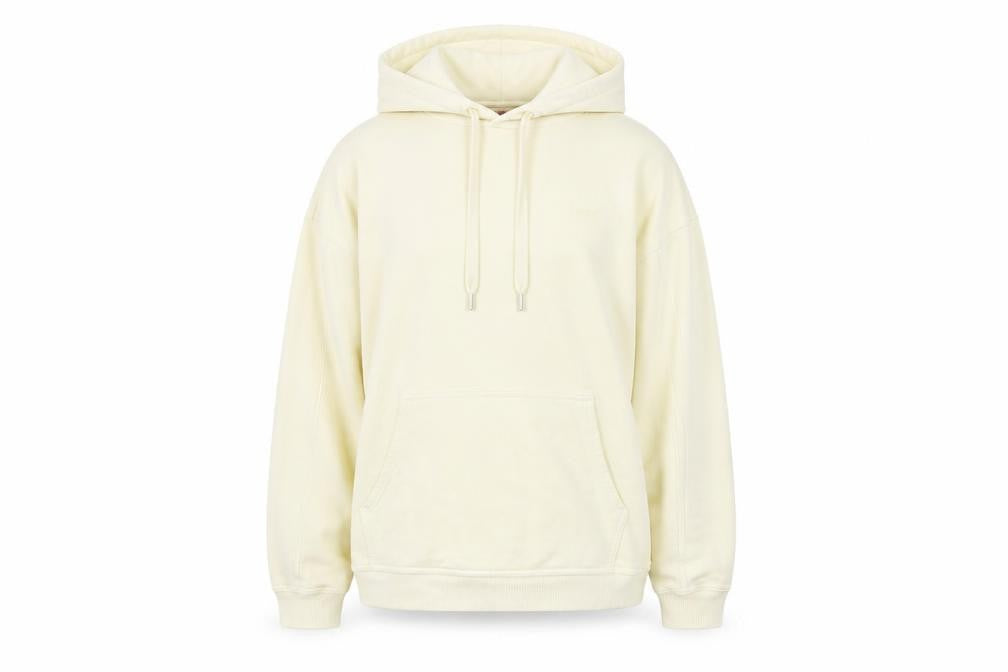 Front view of Levi's women’s yellow cotton pullover hoodie, size M, pullover