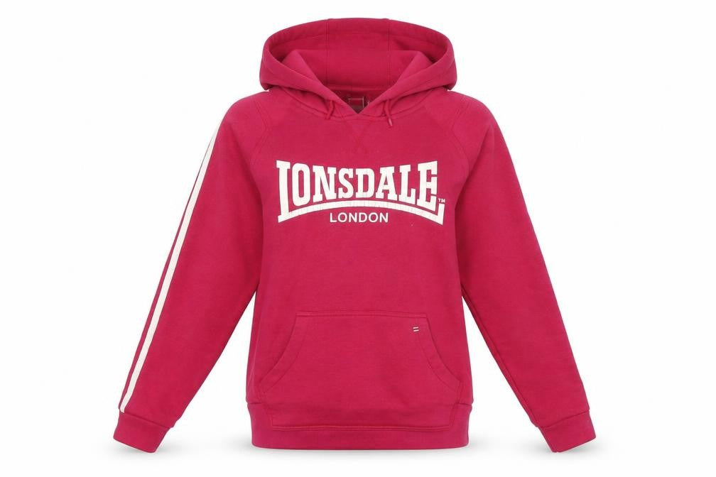 Front view of Lonsdale women’s pink cotton pullover hoodie, size UK 10, pullover