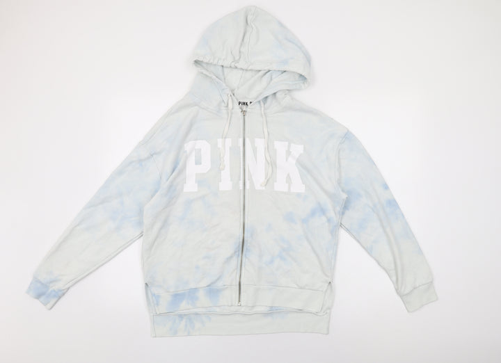 PINK Womens White Geometric Cotton Full Zip Hoodie Size S Zip - Tie Dye, PINK Logo