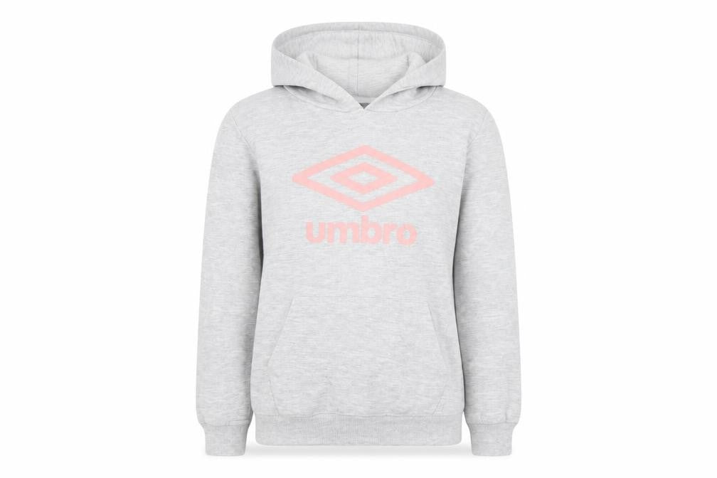 Front view of Umbro girls’ grey cotton pullover hoodie, size 11-12, years pullover