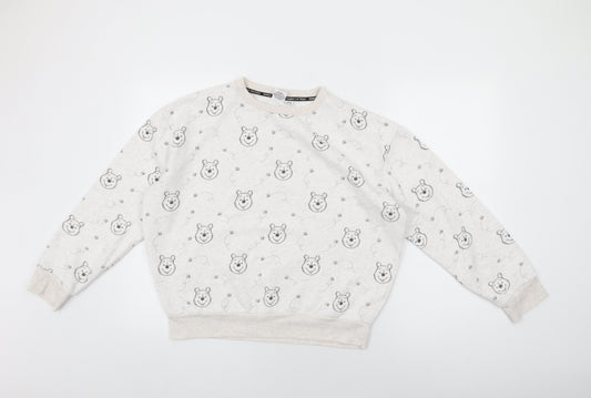 Front view of Disney women’s white geometric cotton pullover sweatshirt, size UK 10, pullover - winnie the pooh print