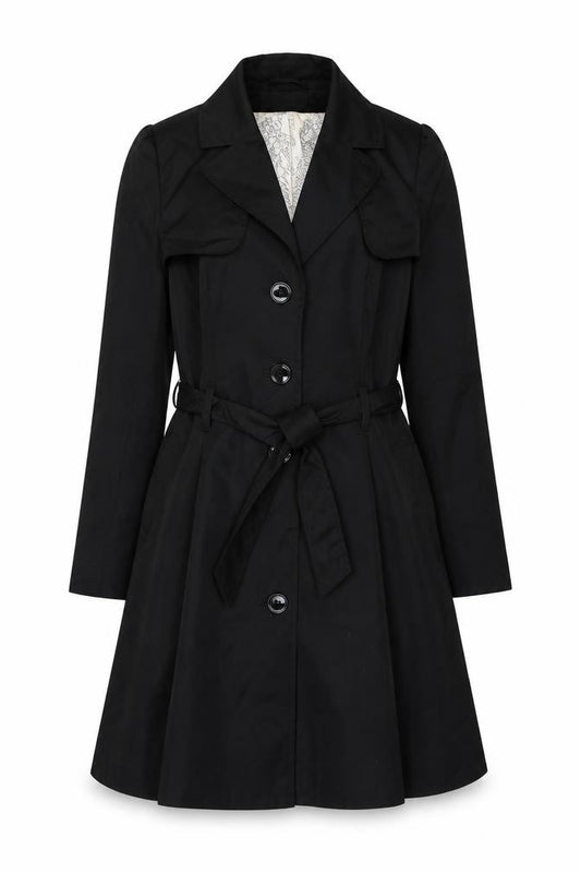 Front view of H&M women’s black overcoat coat, size UK 10, button