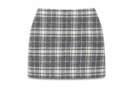 Front view of Uniqlo women’s grey plaid wool mini skirt, size UK 26, in zip