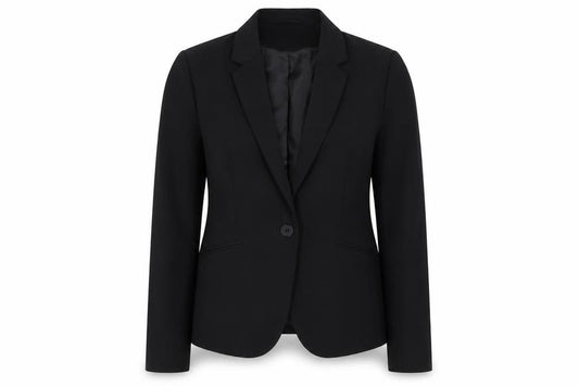 Front view of H&M women’s black jacket, size UK 10, button
