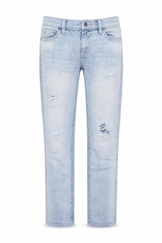 Front view of Gap women’s blue cotton straight jeans, size UK 25, in, 28-inch leg regular button