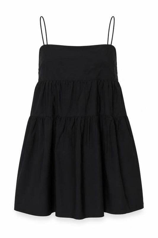 Front view of H&M women’s black polyester a-line, size UK 12, square neck zip
