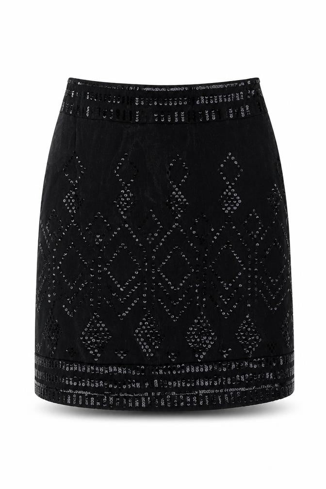 Front view of Monsoon women’s beige viscose a-line skirt, size UK 14, zip