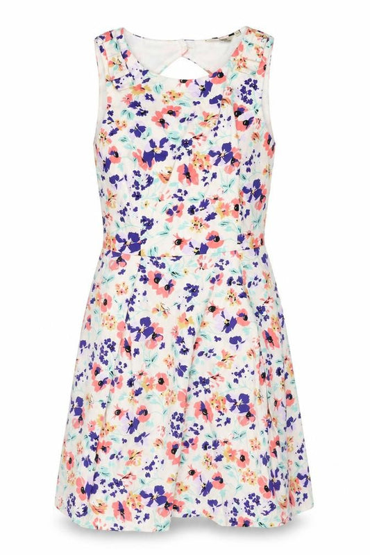 Front view of Kellly Break women’s multicoloured floral cotton a-line, size UK 12, round neck button