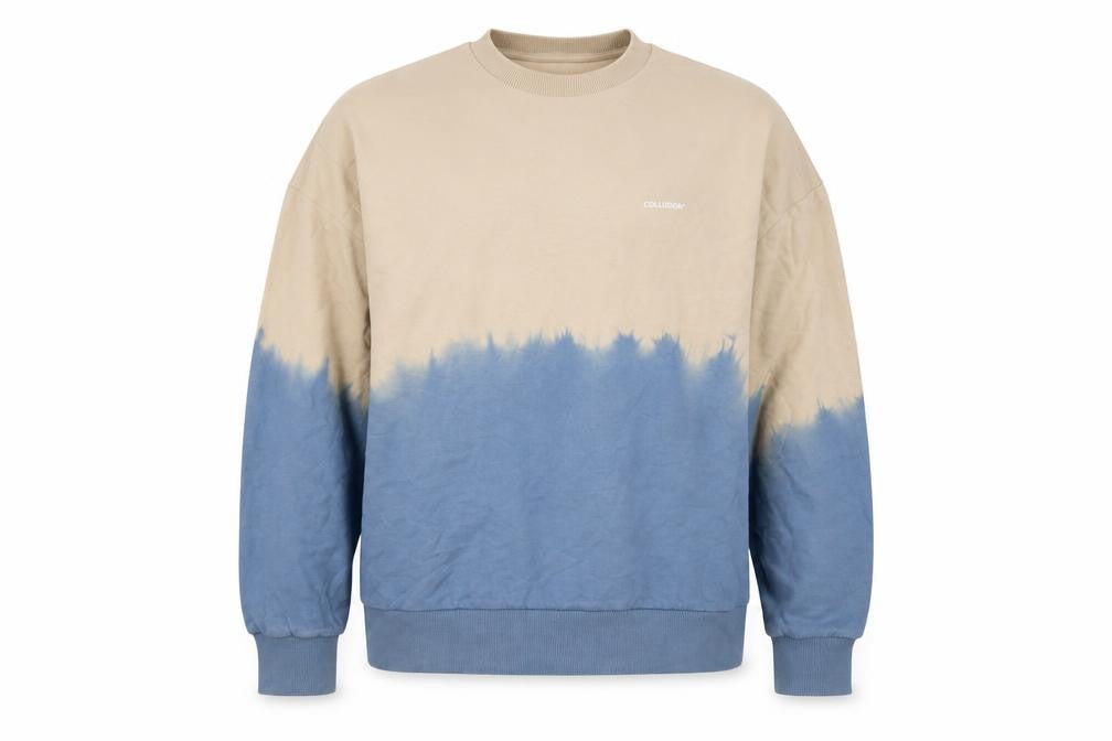Front view of Collusion men’s beige cotton pullover sweatshirt, size S